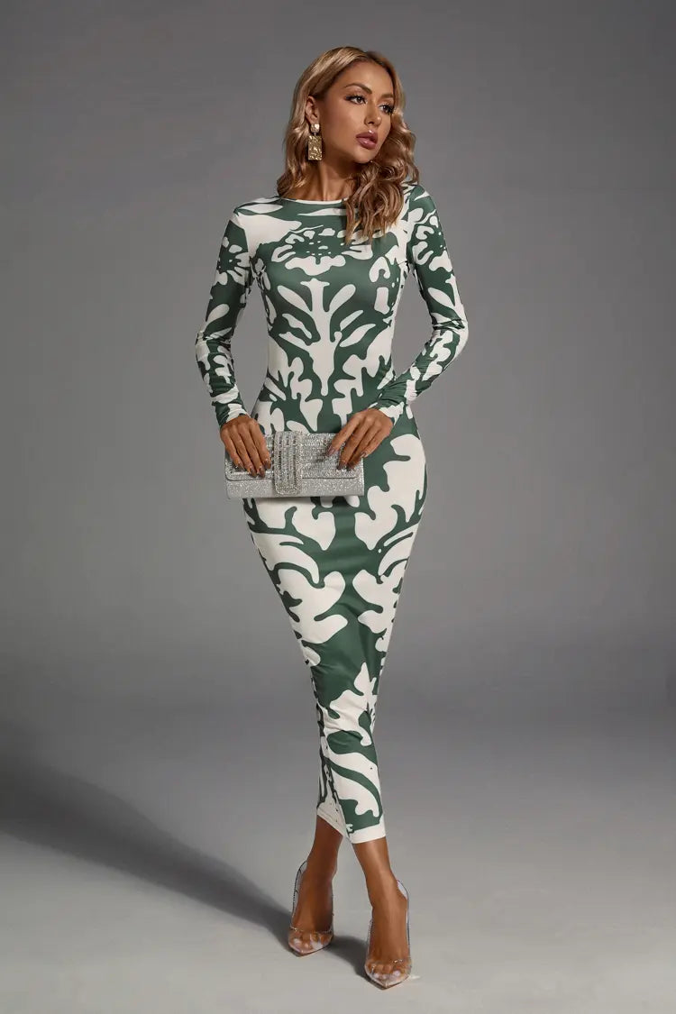 Carmen Green Open-back Printed Maxi Dress