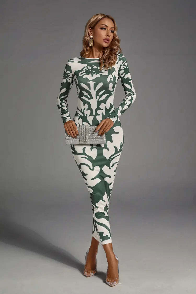 Carmen Green Open-back Printed Maxi Dress