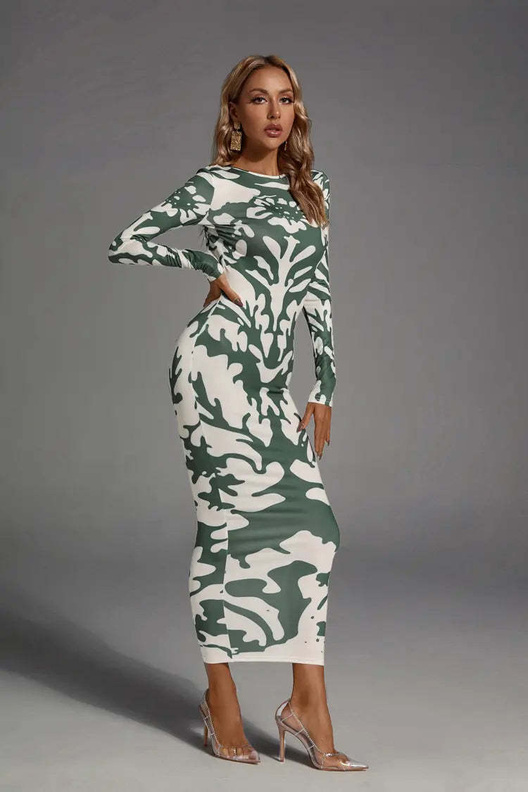 Carmen Green Open-back Printed Maxi Dress