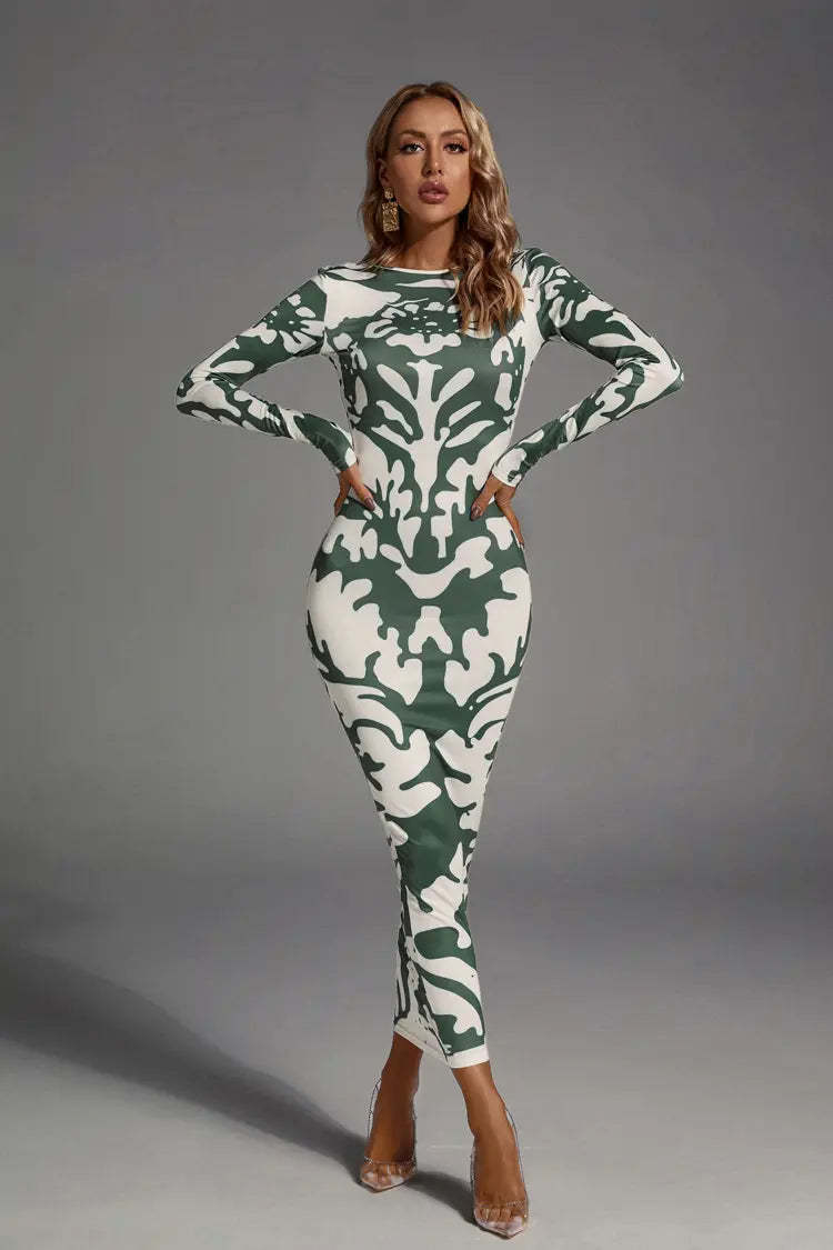 Carmen Green Open-back Printed Maxi Dress
