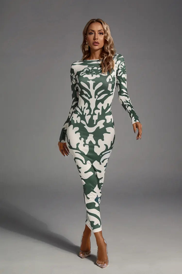 Carmen Green Open-back Printed Maxi Dress