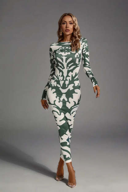 Carmen Green Open-back Printed Maxi Dress