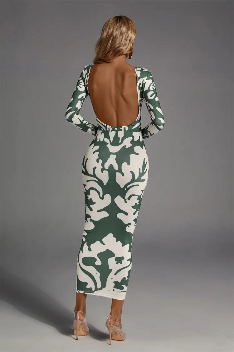 Carmen Green Open-back Printed Maxi Dress