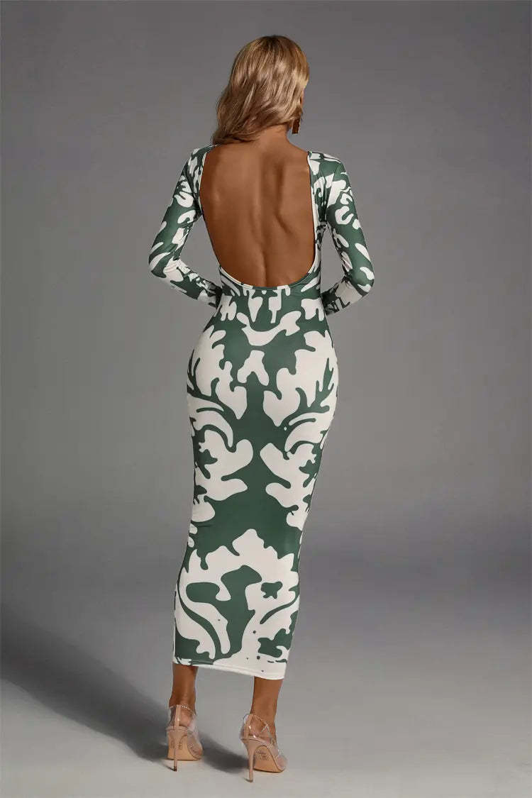 Carmen Green Open-back Printed Maxi Dress