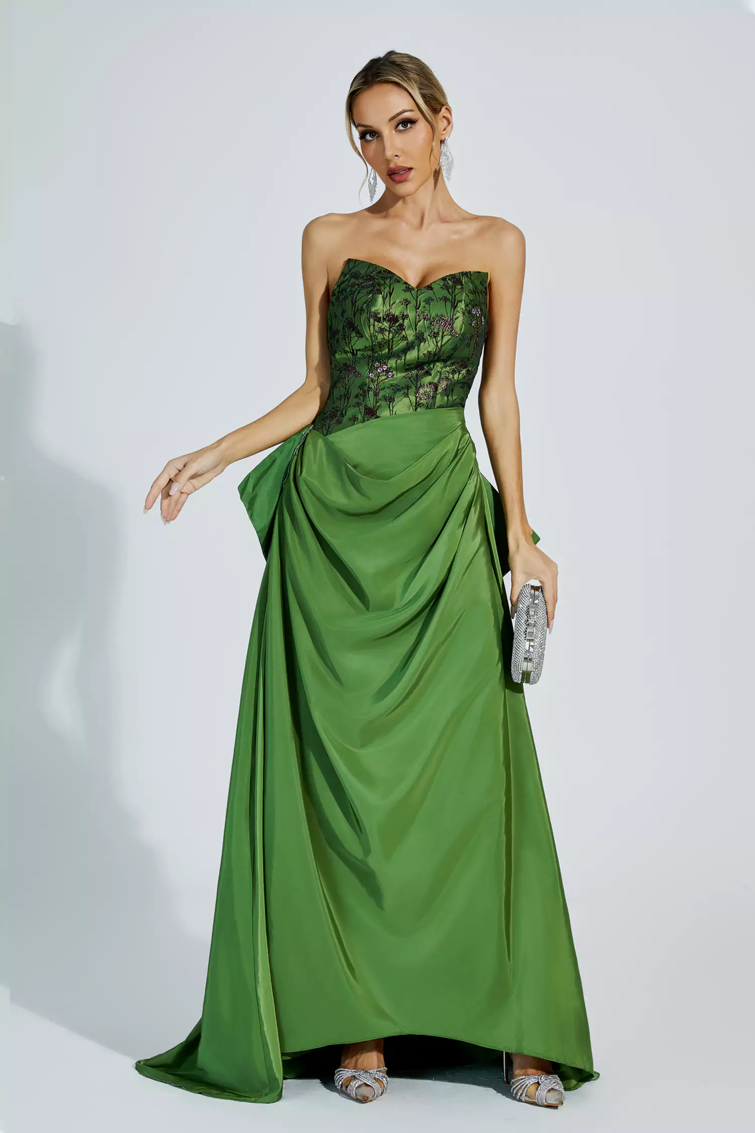 Gemma Green Ruched Off-shoulder Dress