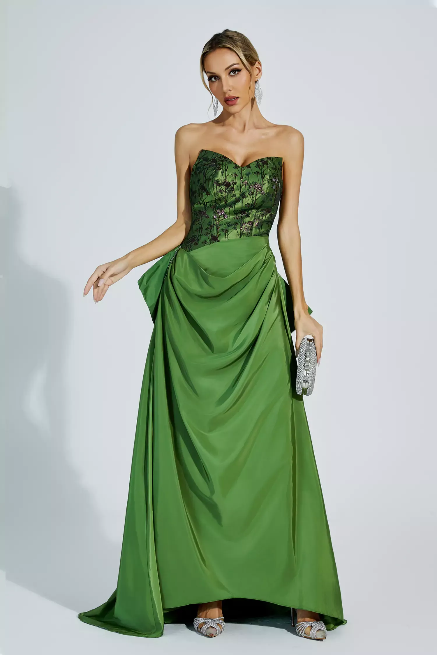 Gemma Green Ruched Off-shoulder Dress