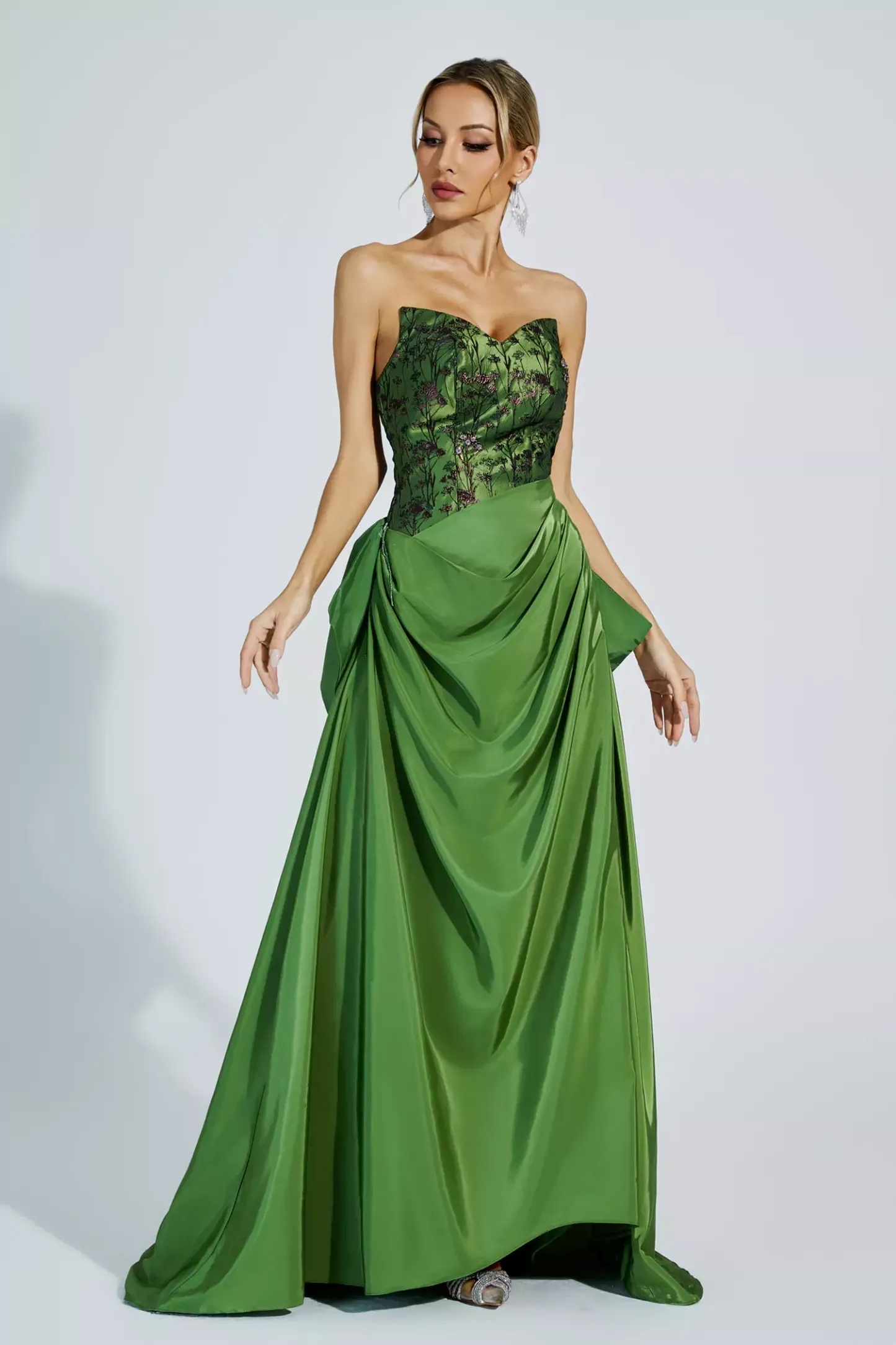 Gemma Green Ruched Off-shoulder Dress