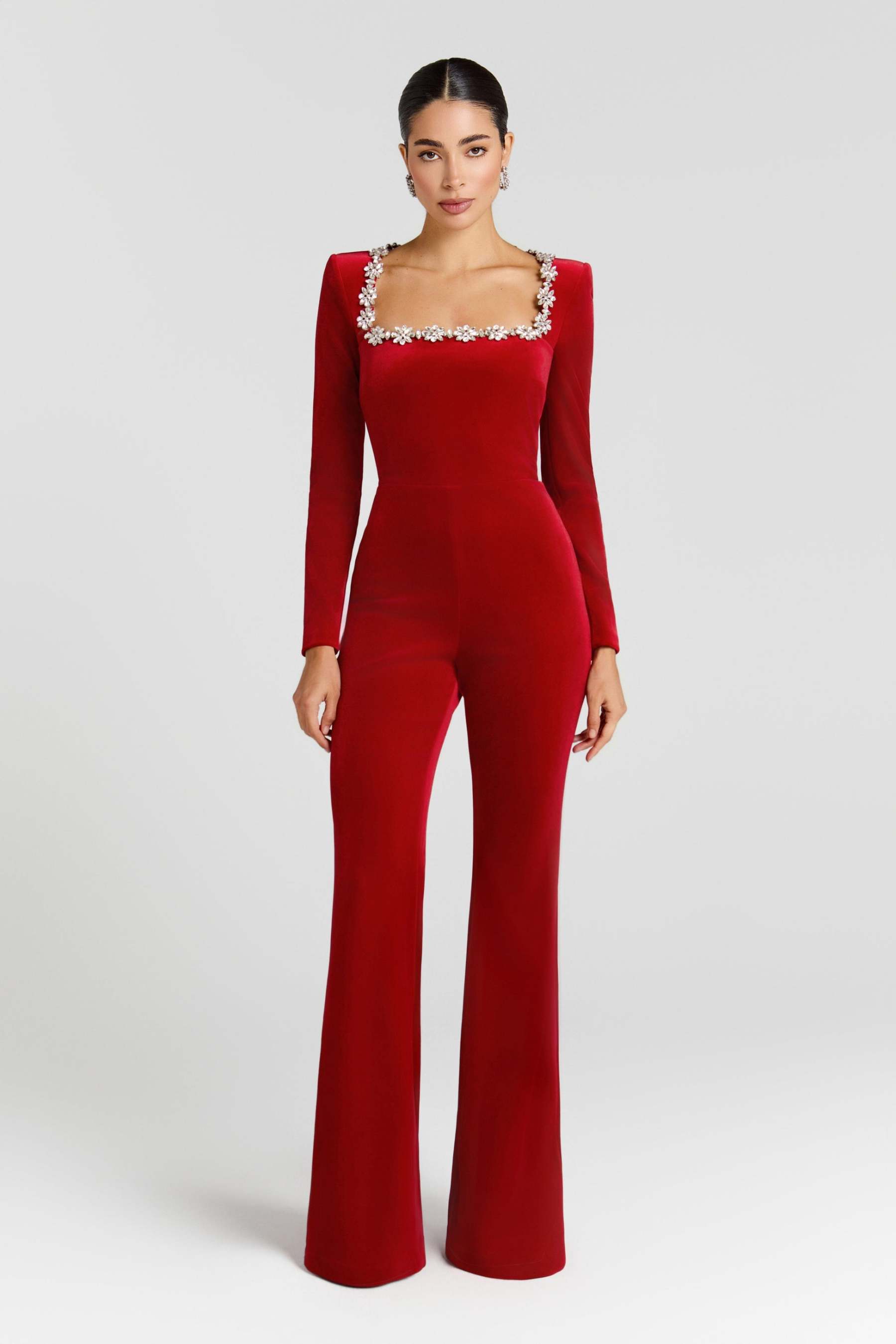 Elle Red Long Sleeve Studded Jumpsuit