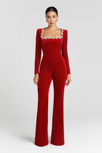 Elle Red Long Sleeve Studded Jumpsuit