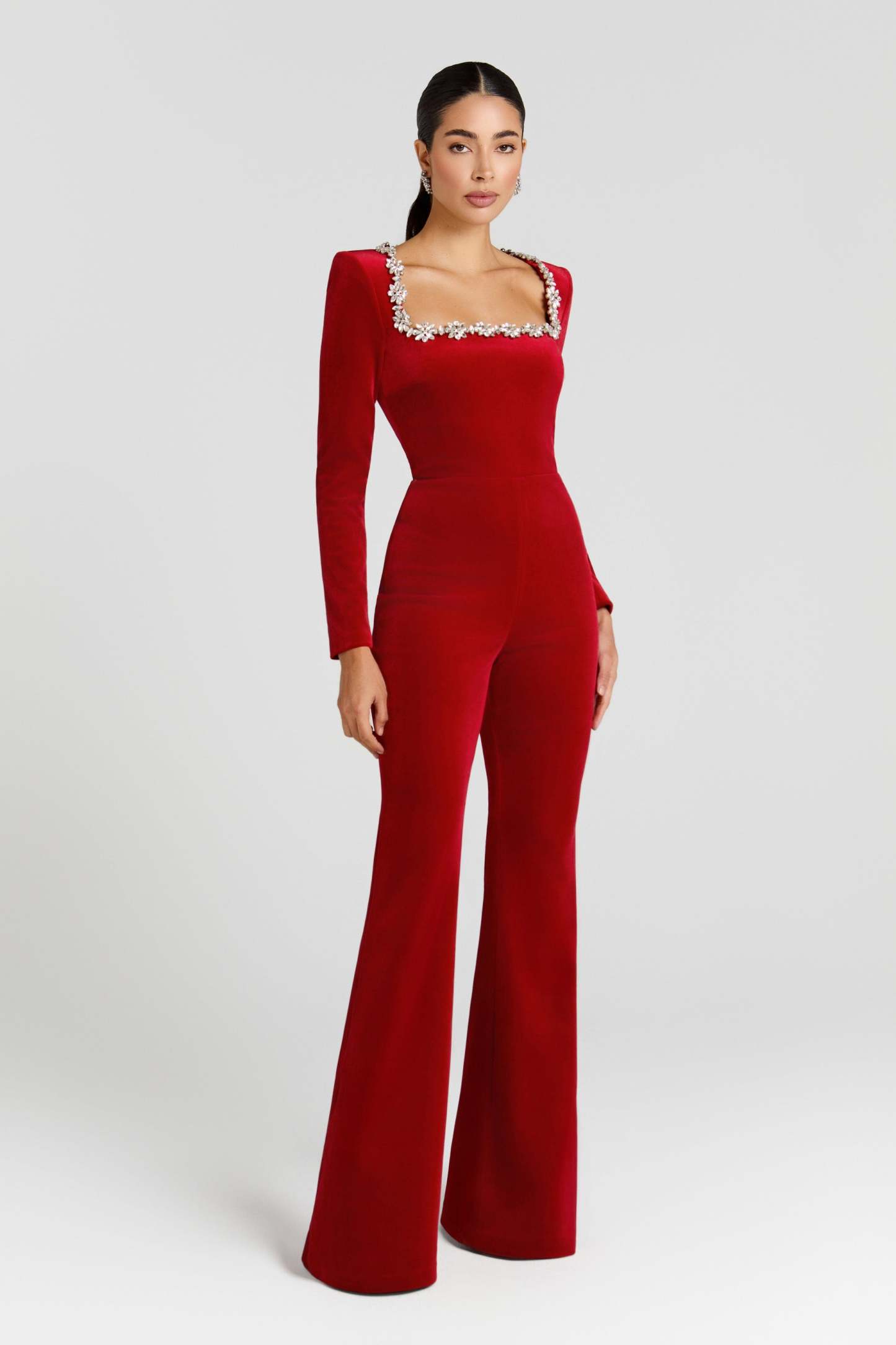 Elle Red Long Sleeve Studded Jumpsuit