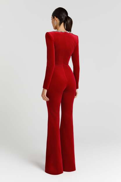 Elle Red Long Sleeve Studded Jumpsuit