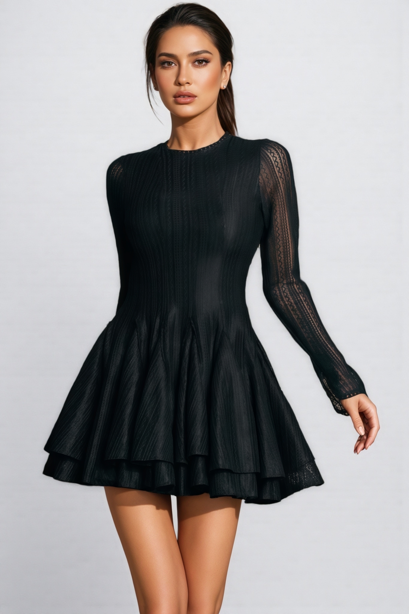 Germaine Black Long Sleeve Ruffle Mini Dress