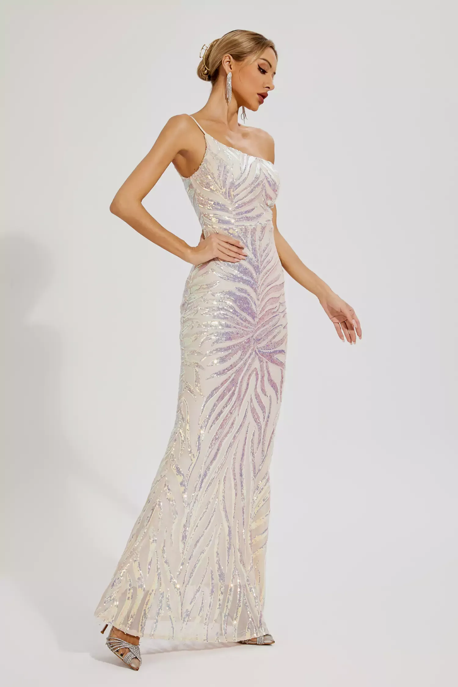 Ella Apricot Sequins One-shoulder Dress