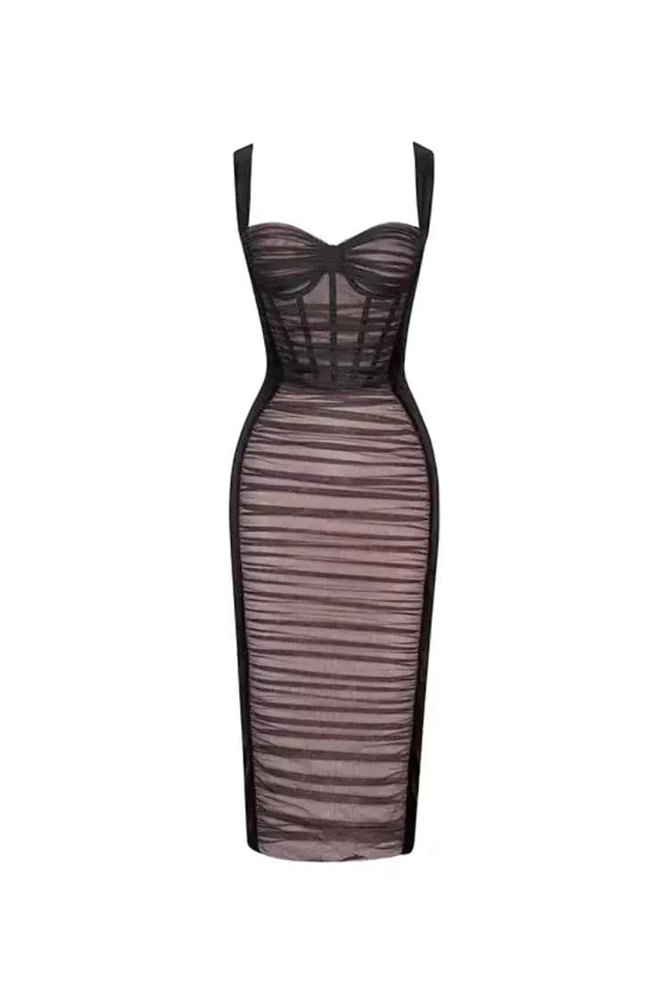 Bertha Black Mesh Velvet Midi Dress