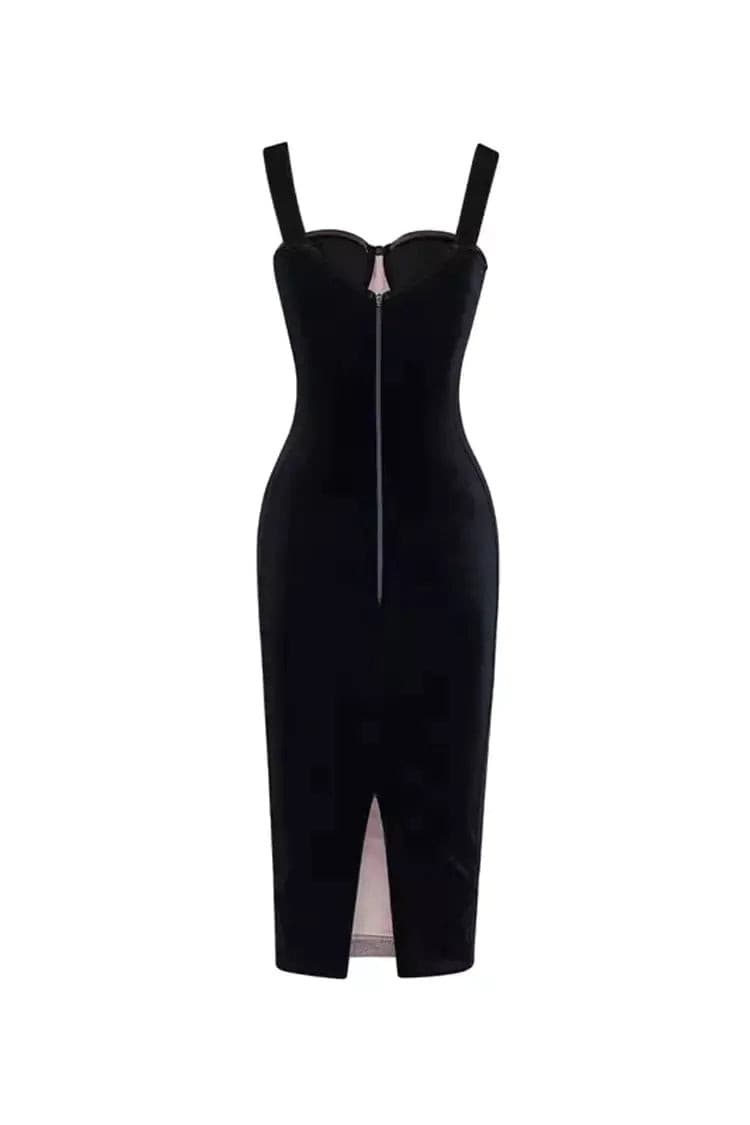 Bertha Black Mesh Velvet Midi Dress