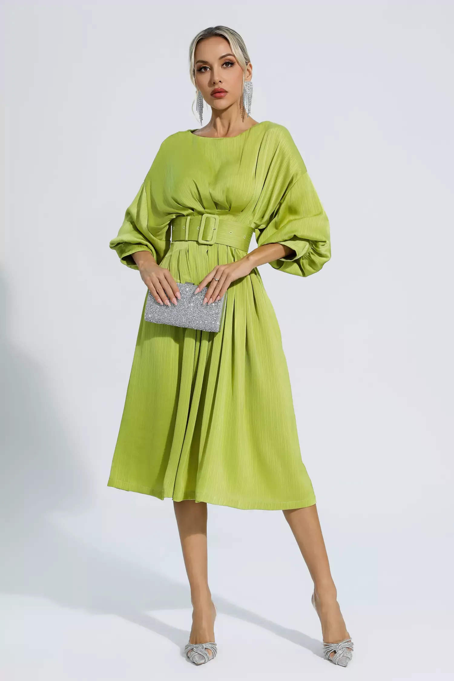 Jaden Light Green Satin Midi Dress