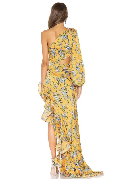 Lori Floral Slanted Shoulder Long Sleeve Ruffle Irregular Maxi Dress