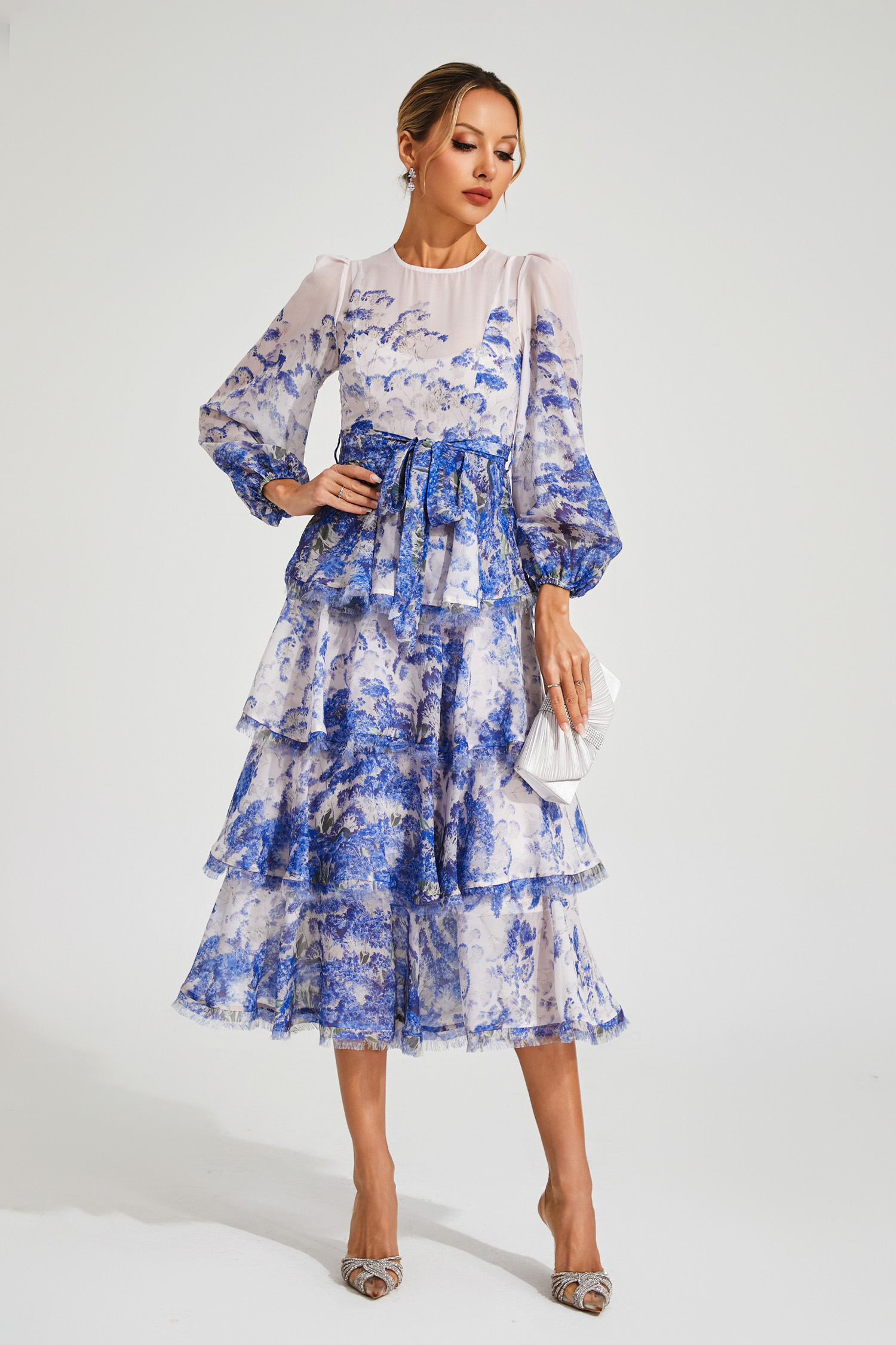 Ena Blue Tiered Long Sleeve Dress