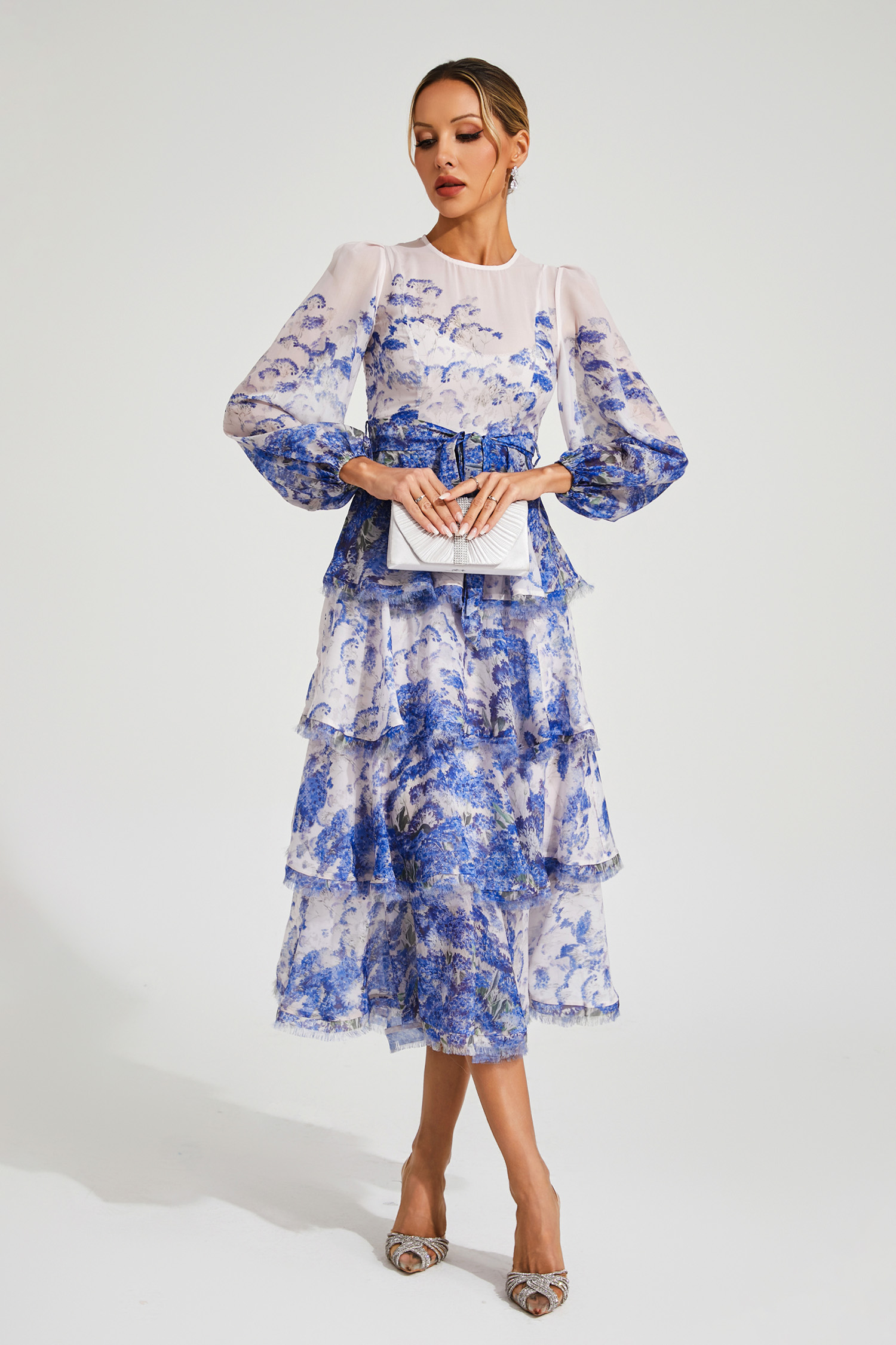 Ena Blue Tiered Long Sleeve Dress