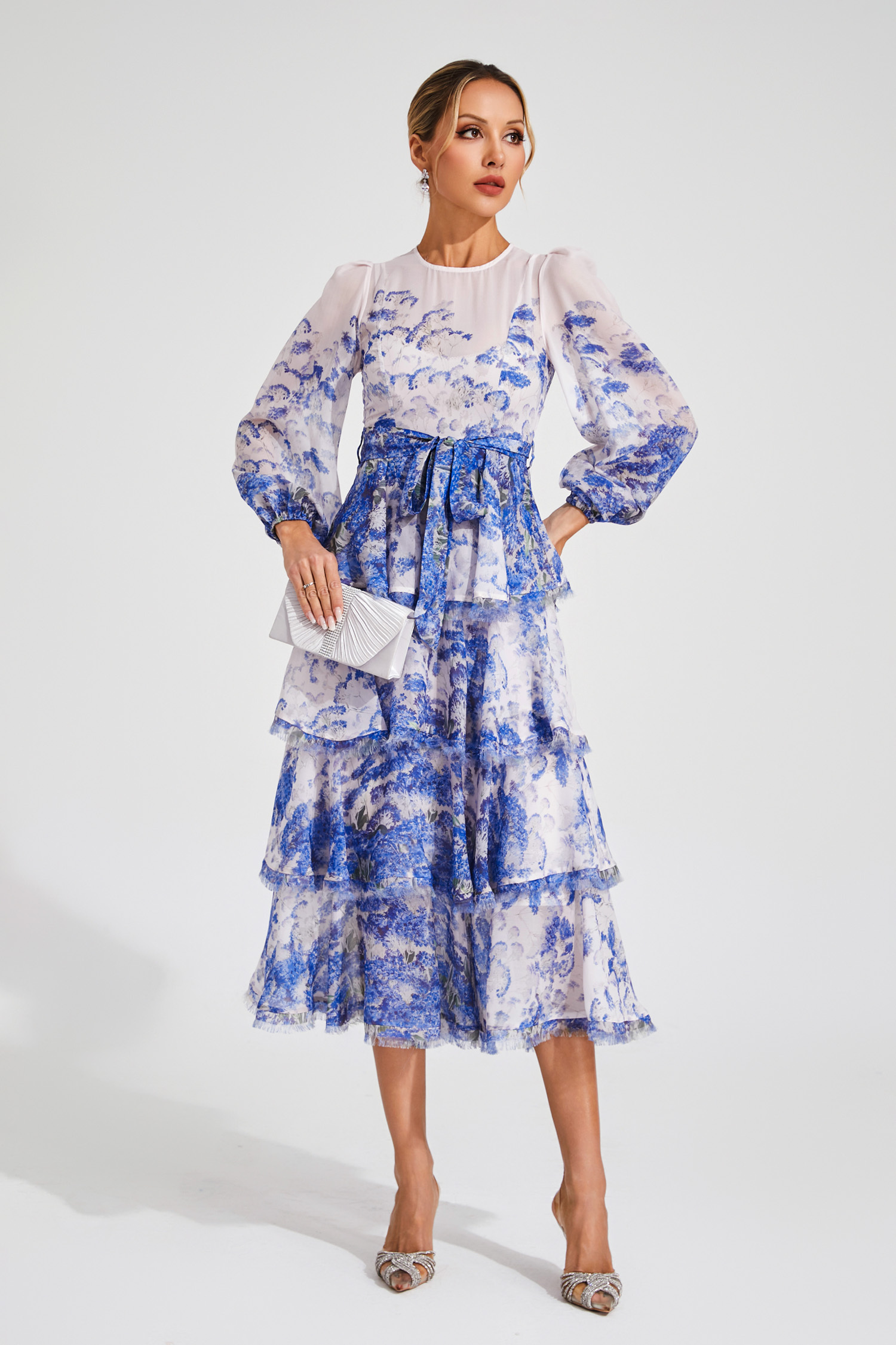 Ena Blue Tiered Long Sleeve Dress