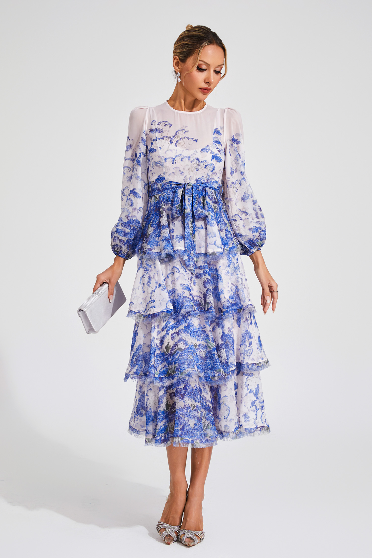 Ena Blue Tiered Long Sleeve Dress