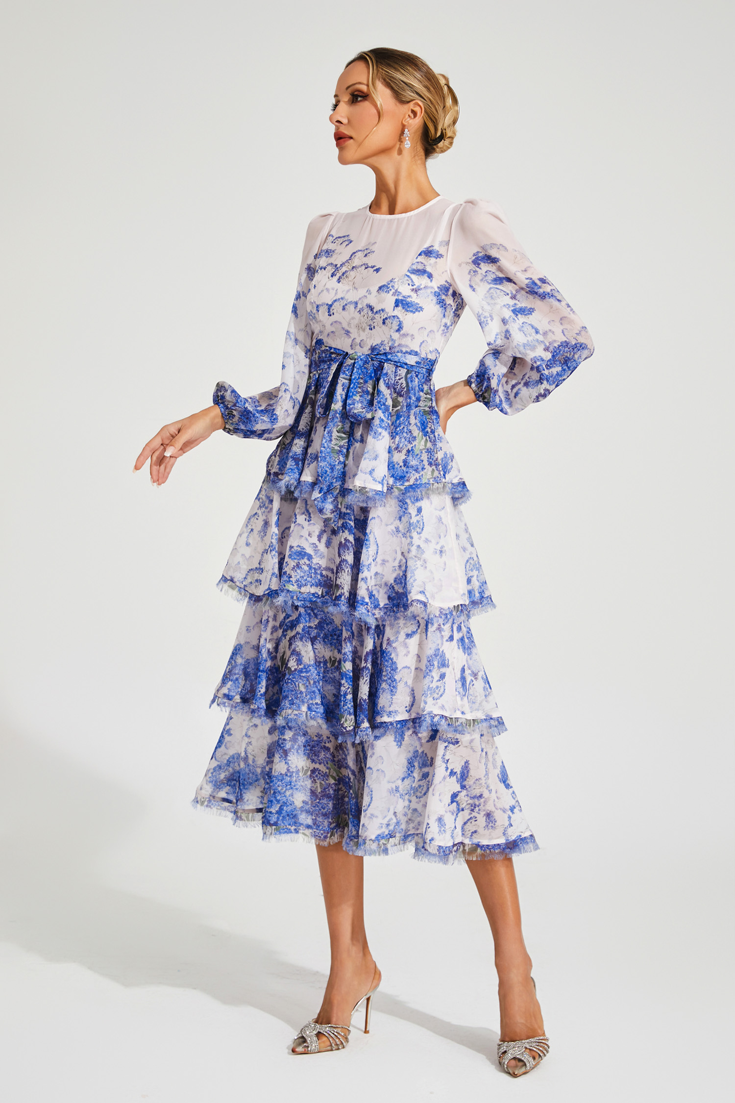 Ena Blue Tiered Long Sleeve Dress