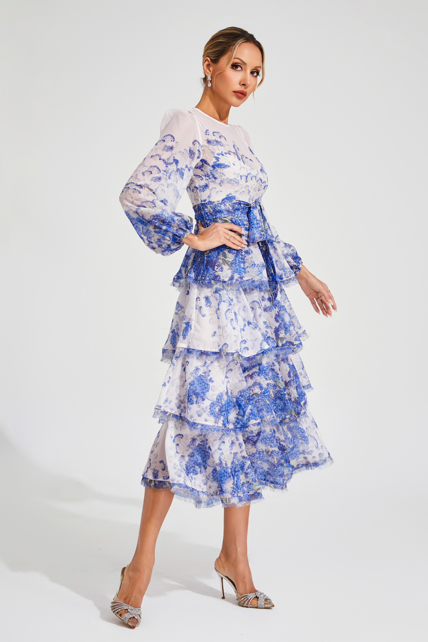 Ena Blue Tiered Long Sleeve Dress