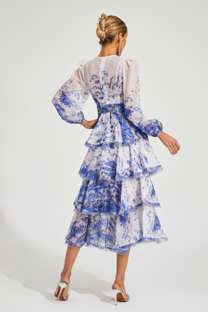 Ena Blue Tiered Long Sleeve Dress