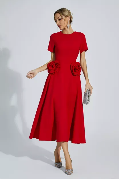 Emilie Red Flower Midi Dress