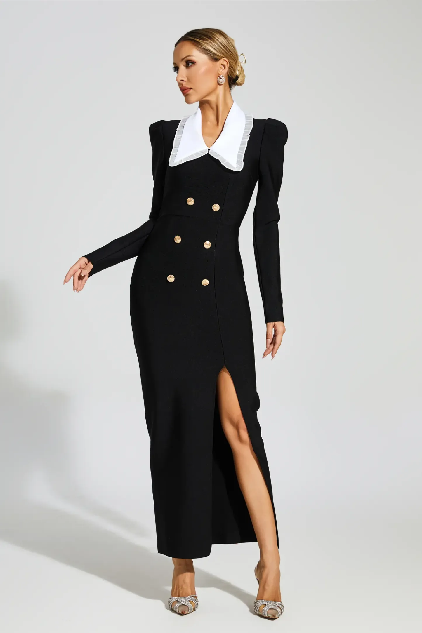 Elvia Black Slit Long Sleeves Bandage Dress