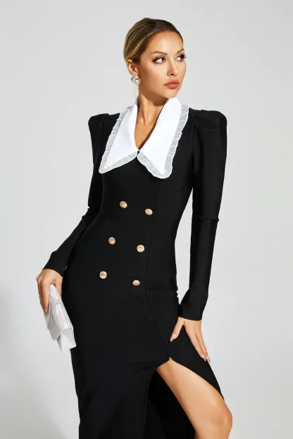 Elvia Black Slit Long Sleeves Bandage Dress
