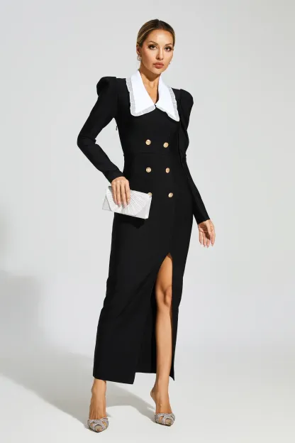 Elvia Black Slit Long Sleeves Bandage Dress