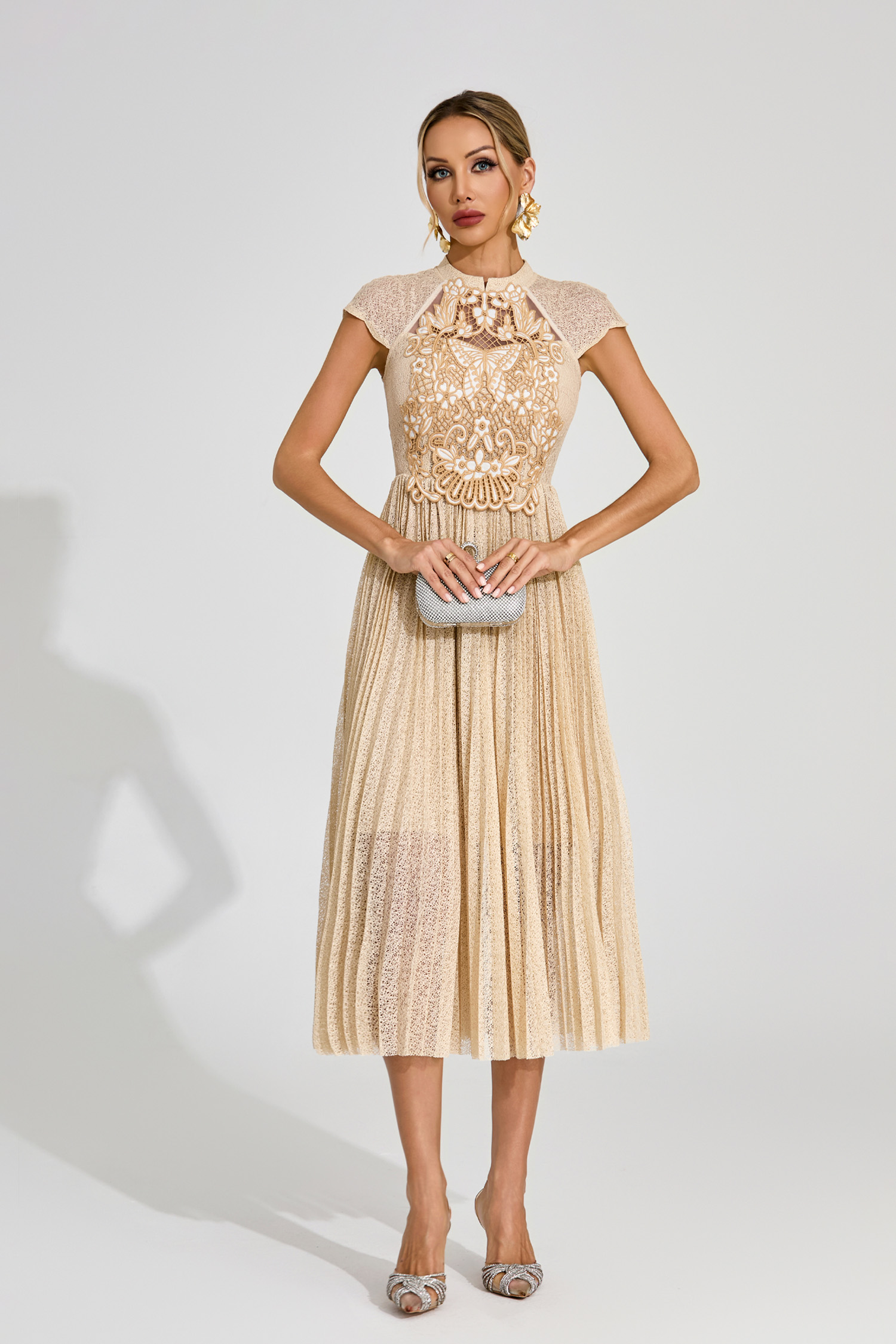 Jaimie Apricot Lace Embroidered Midi Dress