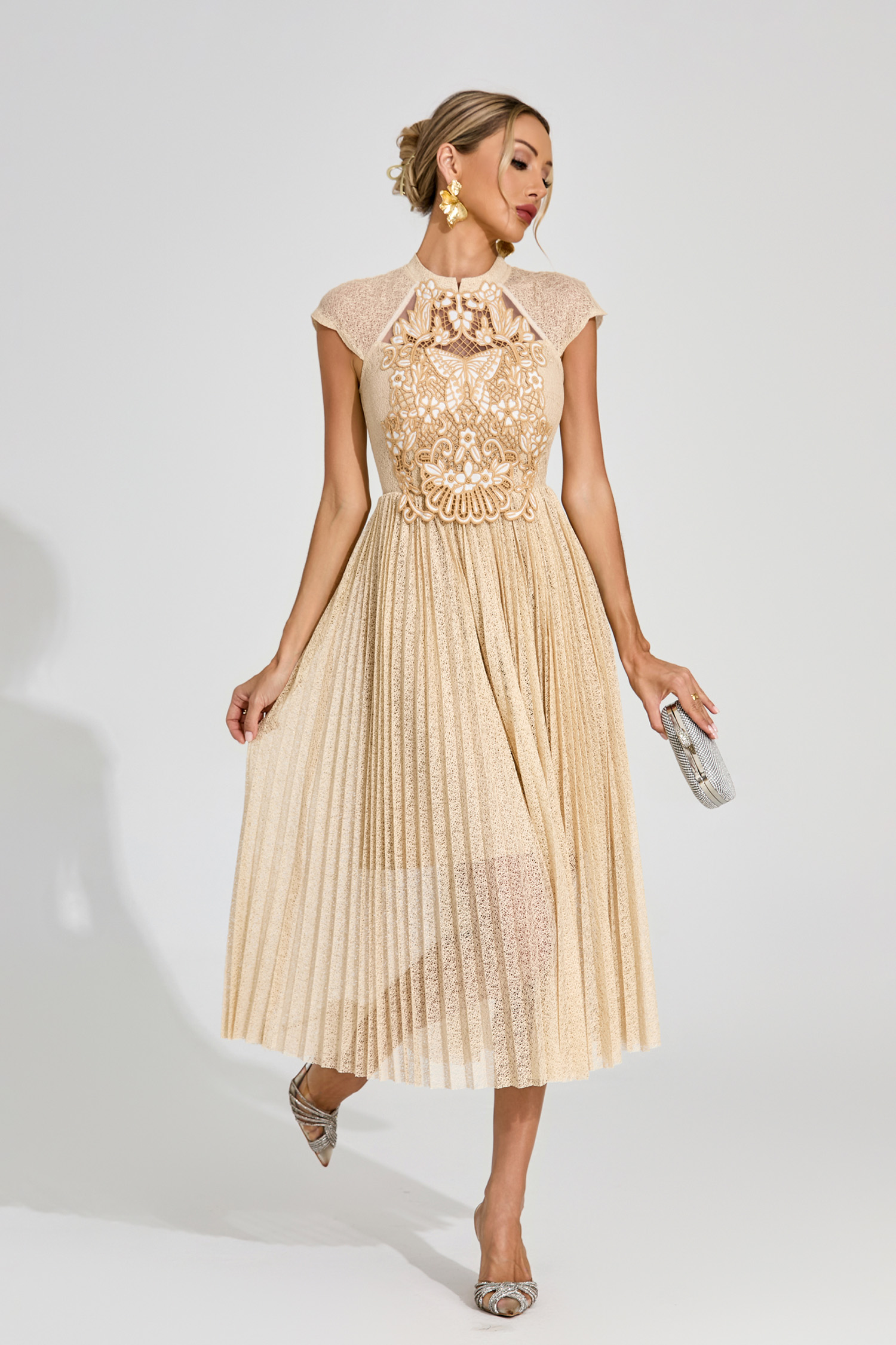 Jaimie Apricot Lace Embroidered Midi Dress