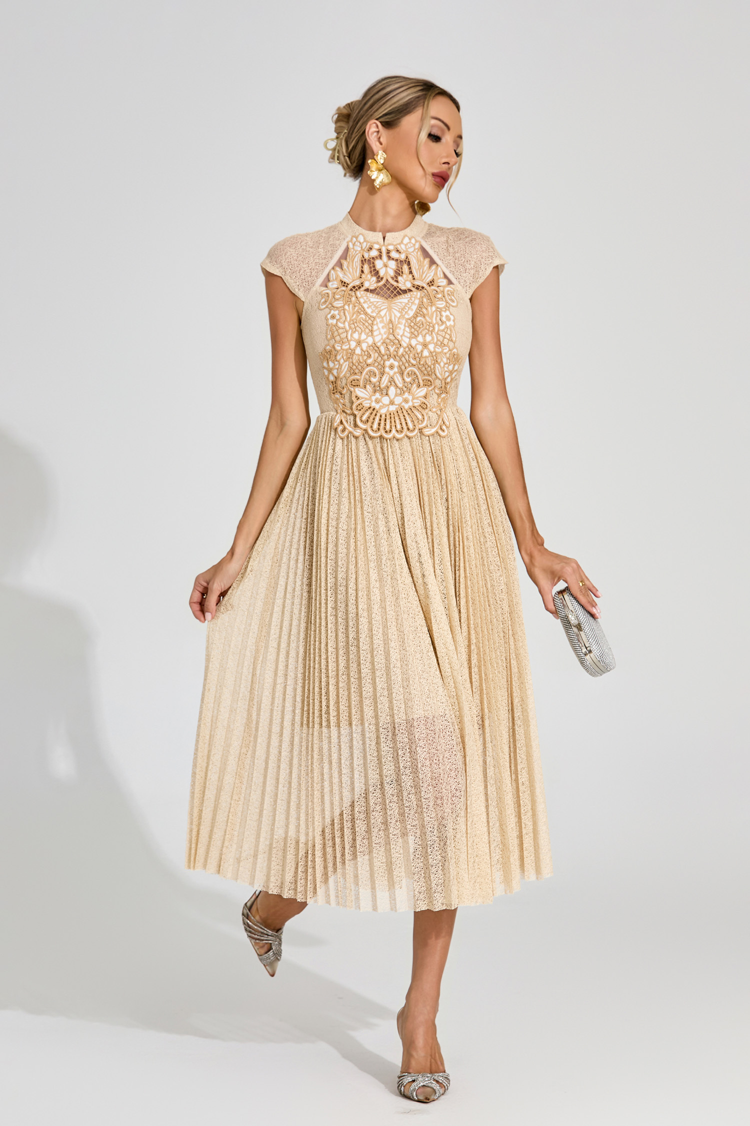 Jaimie Apricot Lace Embroidered Midi Dress
