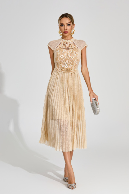 Jaimie Apricot Lace Embroidered Midi Dress