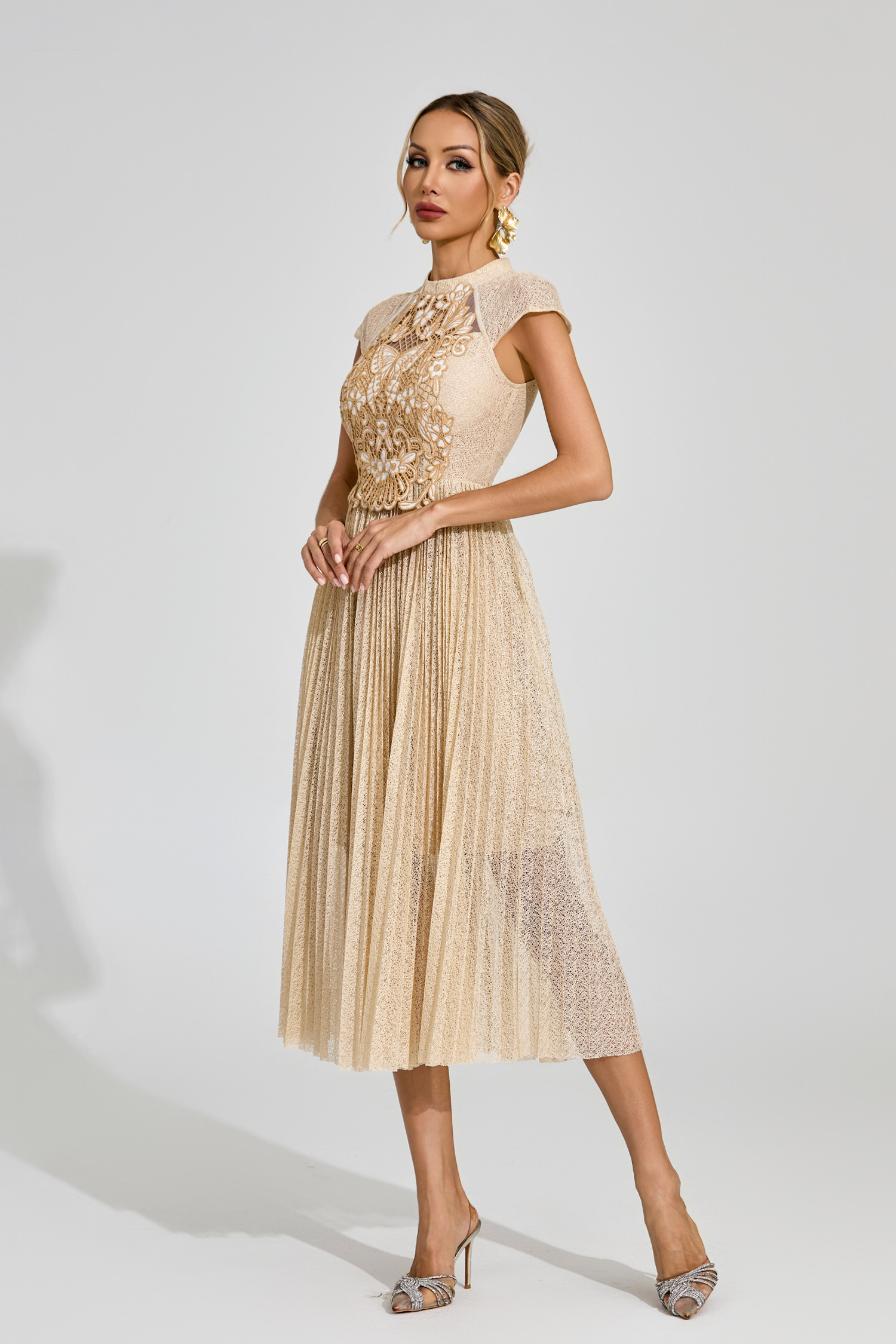 Jaimie Apricot Lace Embroidered Midi Dress