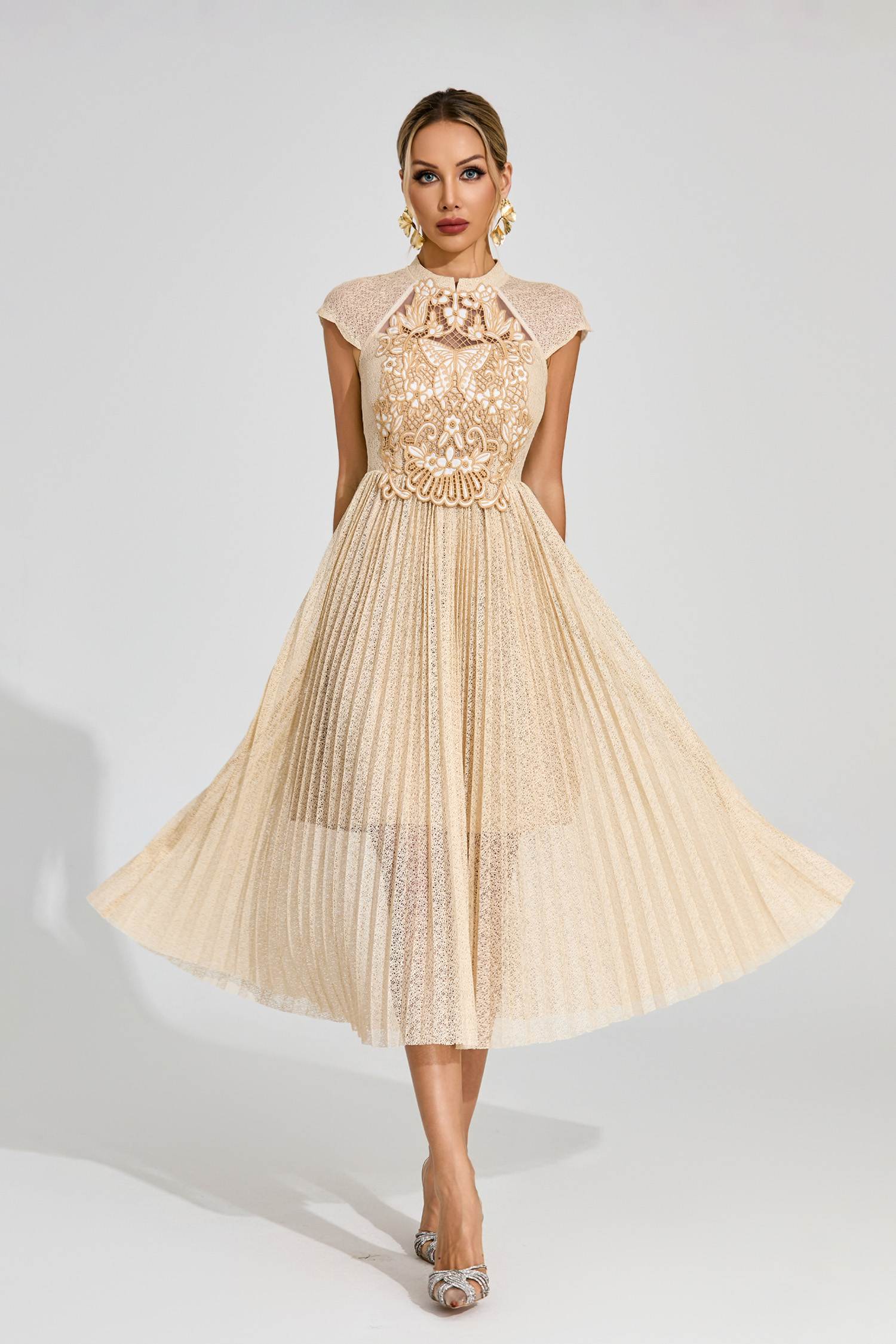 Jaimie Apricot Lace Embroidered Midi Dress