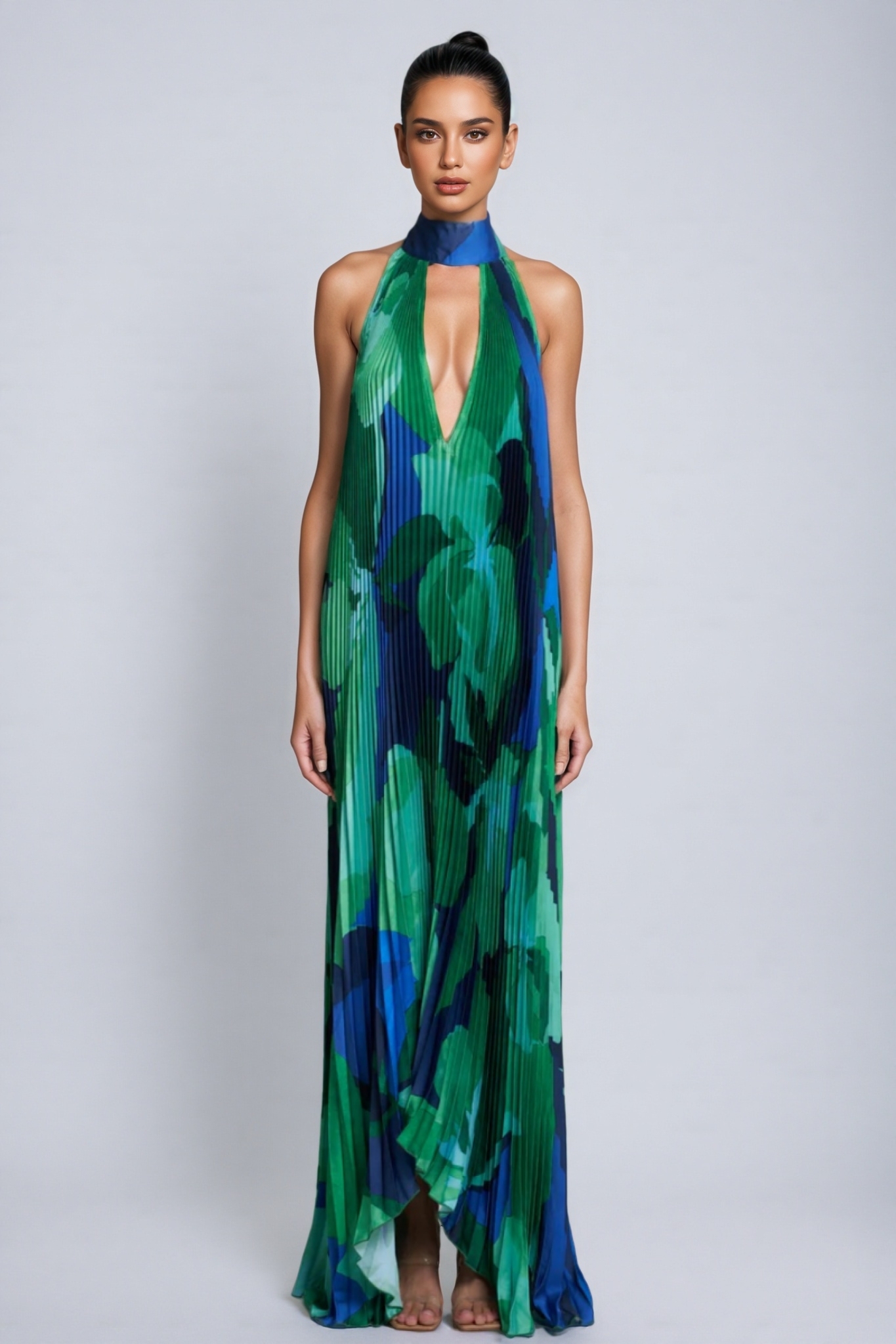 Dana Irregularly Pleated Printed Maxi Dress-Green