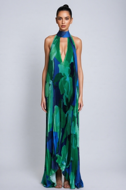 Dana Irregularly Pleated Printed Maxi Dress-Green