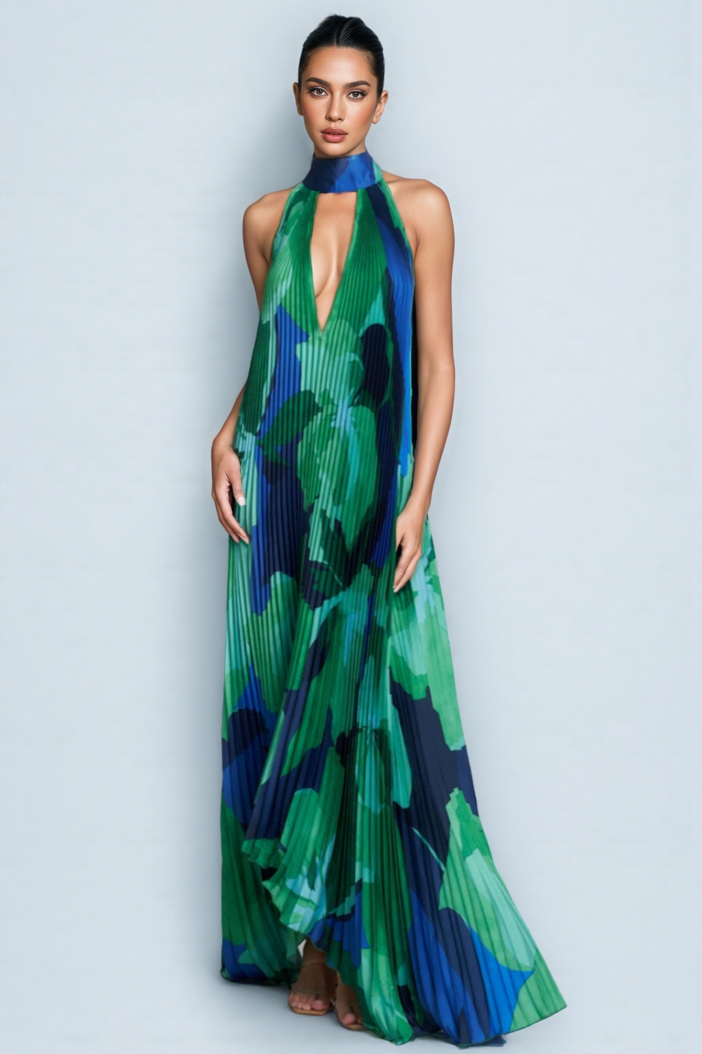 Dana Irregularly Pleated Printed Maxi Dress-Green