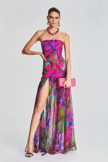 Georgiana Floral Tube Top Slit Backless Maxi Dress