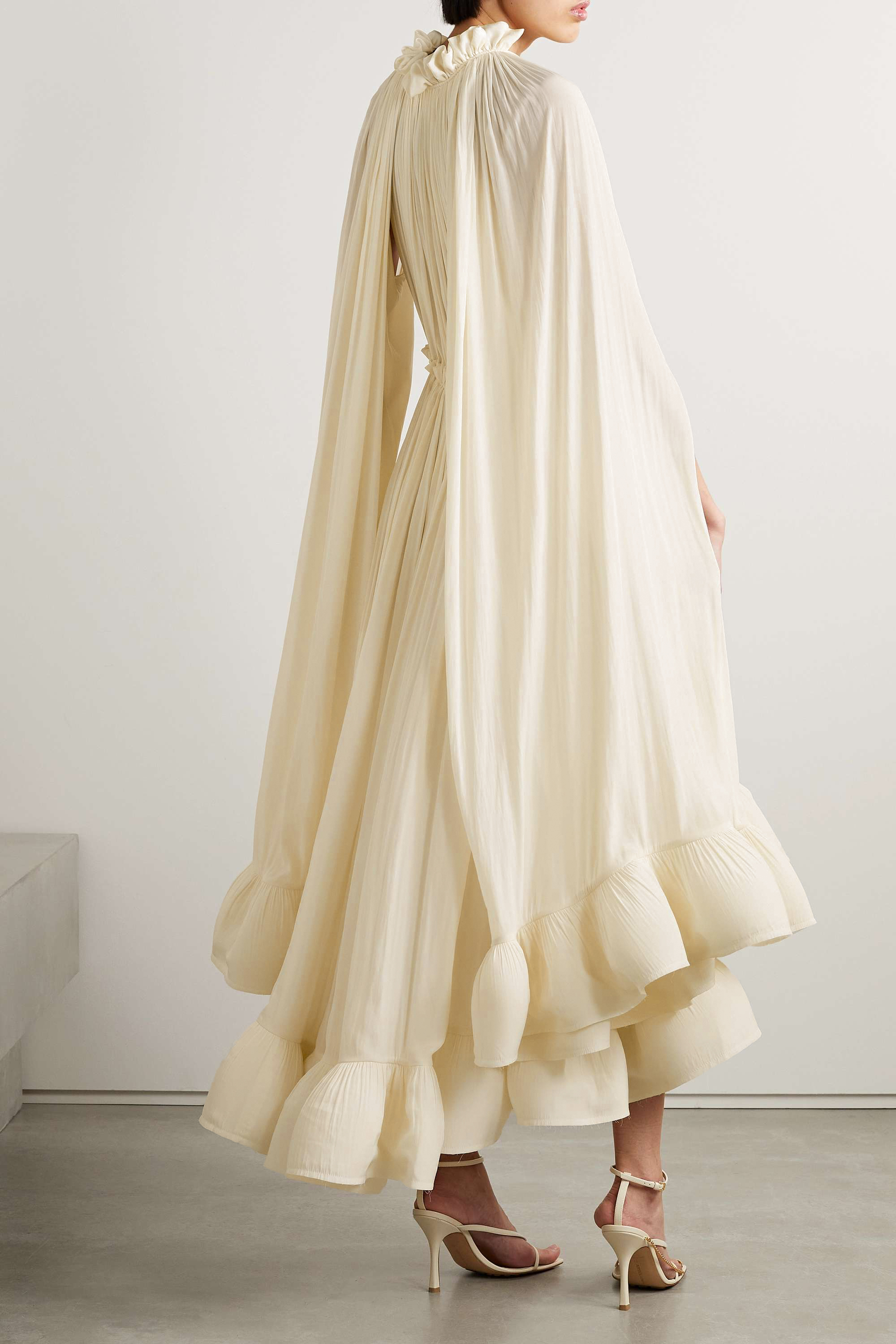 Sharon V-Neck Ruffle Hem Cape Midi Dress Beige