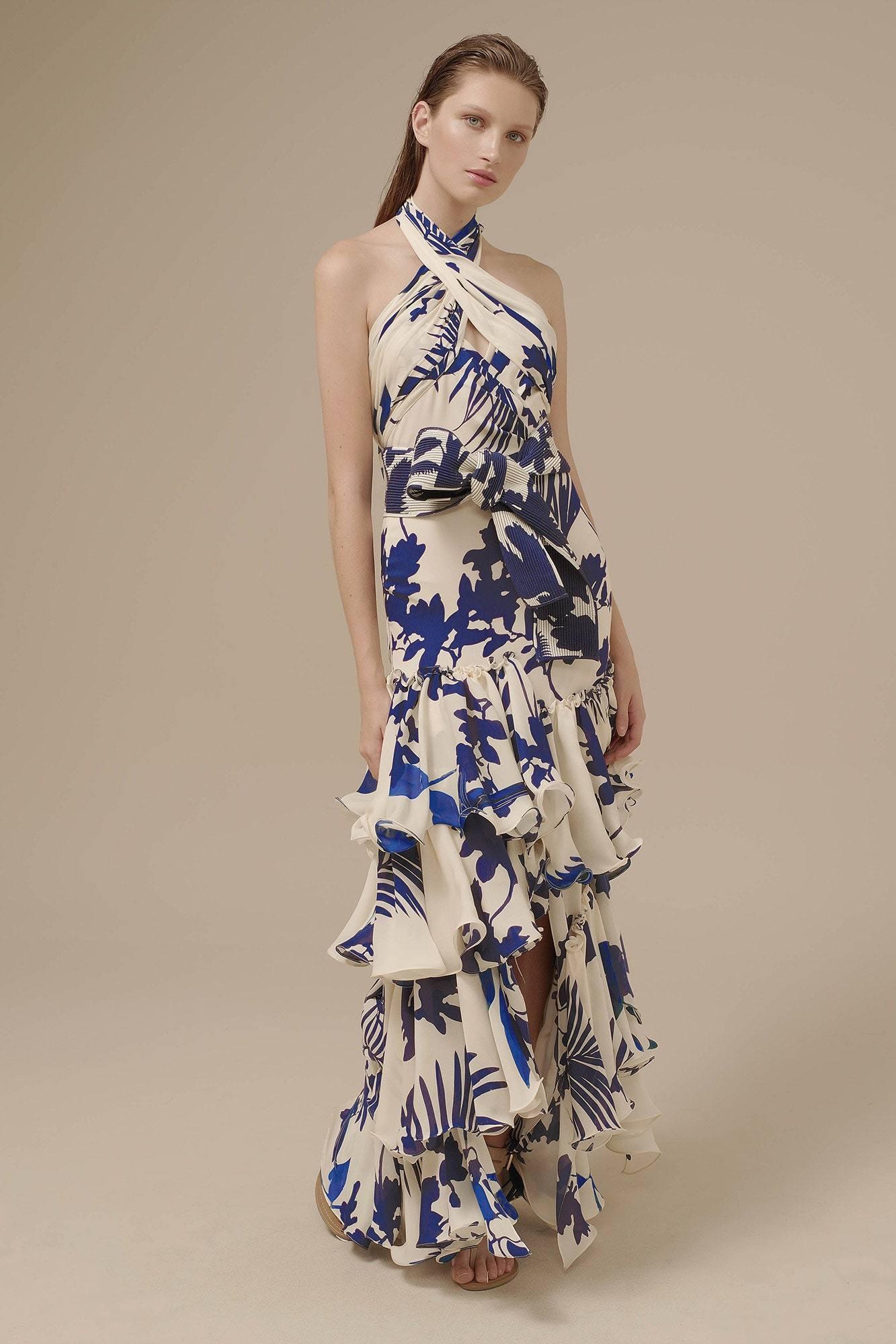 Kathy Sleeveless Halter Neck Lace Up Ruffle Hem Midi Dress