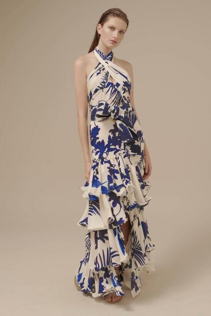 Kathy Sleeveless Halter Neck Lace Up Ruffle Hem Midi Dress