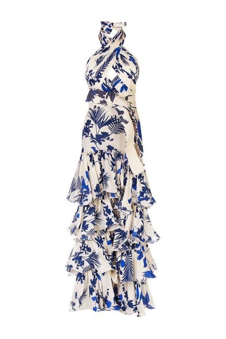 Kathy Sleeveless Halter Neck Lace Up Ruffle Hem Midi Dress