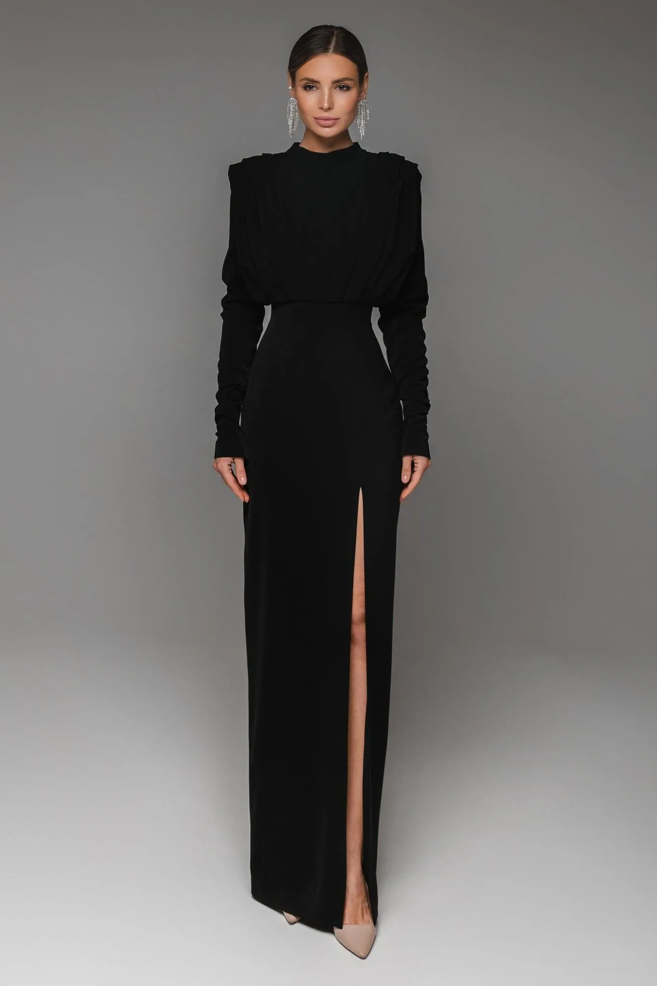 Claribel Solid High Split Long Sleeve Midi Dress