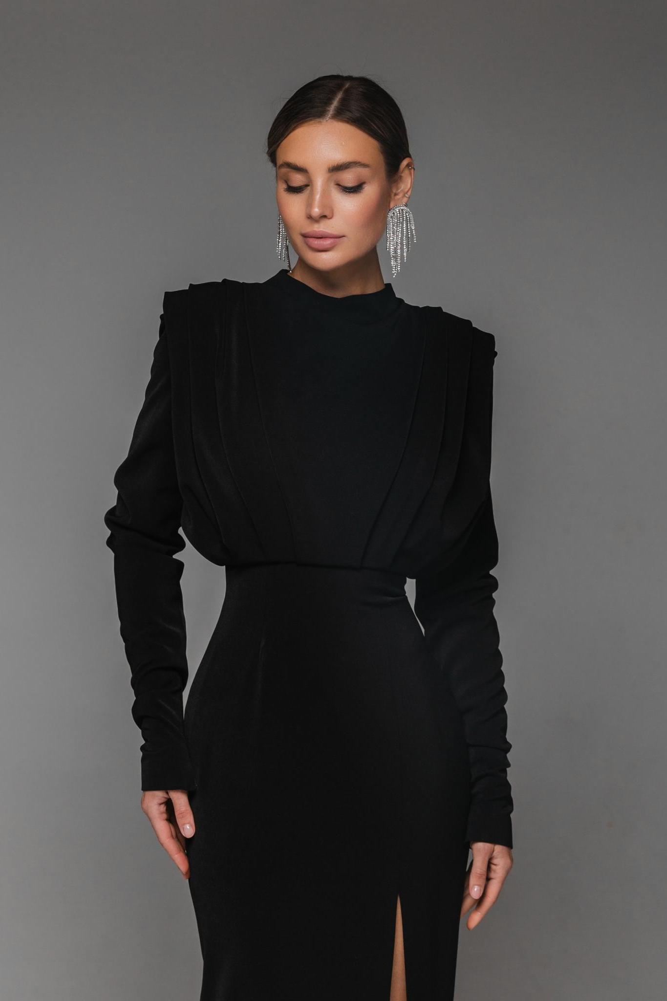 Claribel Solid High Split Long Sleeve Midi Dress