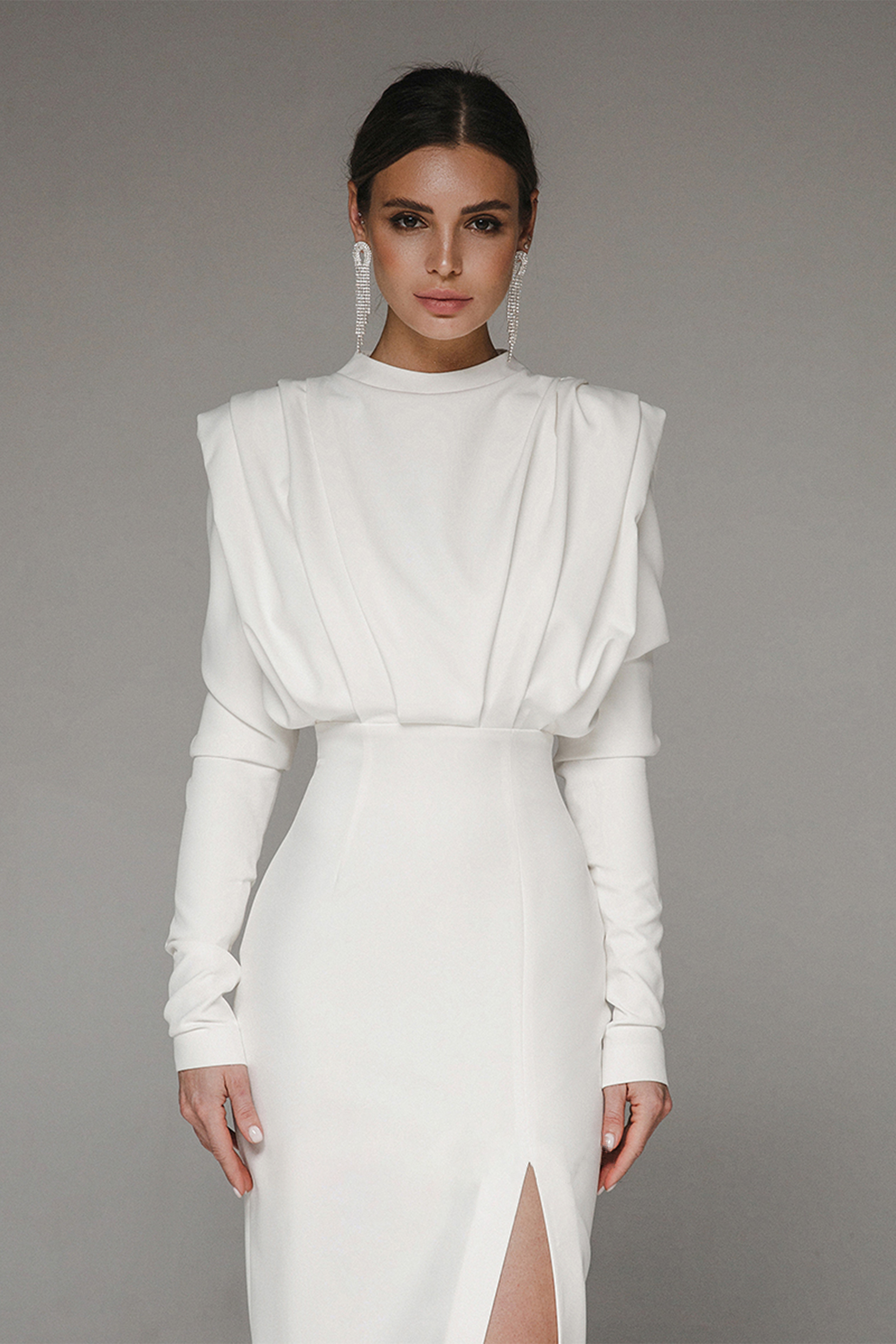 Claribel White Solid High Split Long Sleeve Midi Dress