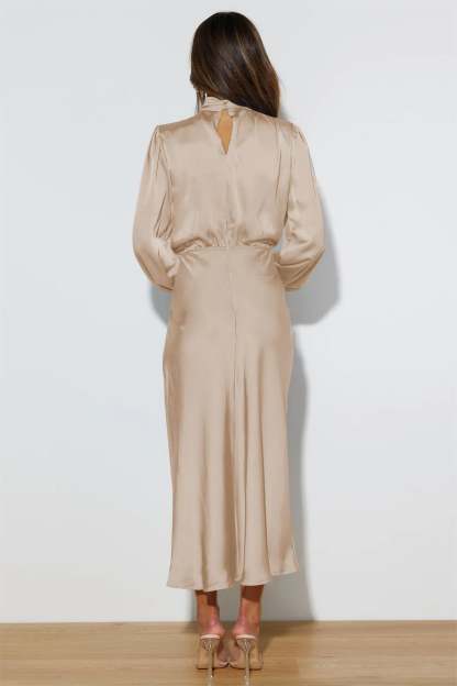 Helen Satin High Neck Long Sleeve Midi Dress
